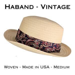 Vintage Haband Natural Straw Fedora Hat Blue Paisley Hatband Made USA Medium 22"